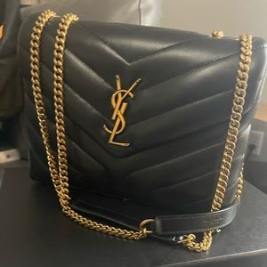 SAINT LAURENT Calfskin Y Quilted Monogram Medium Loulou Chain Satchel Black